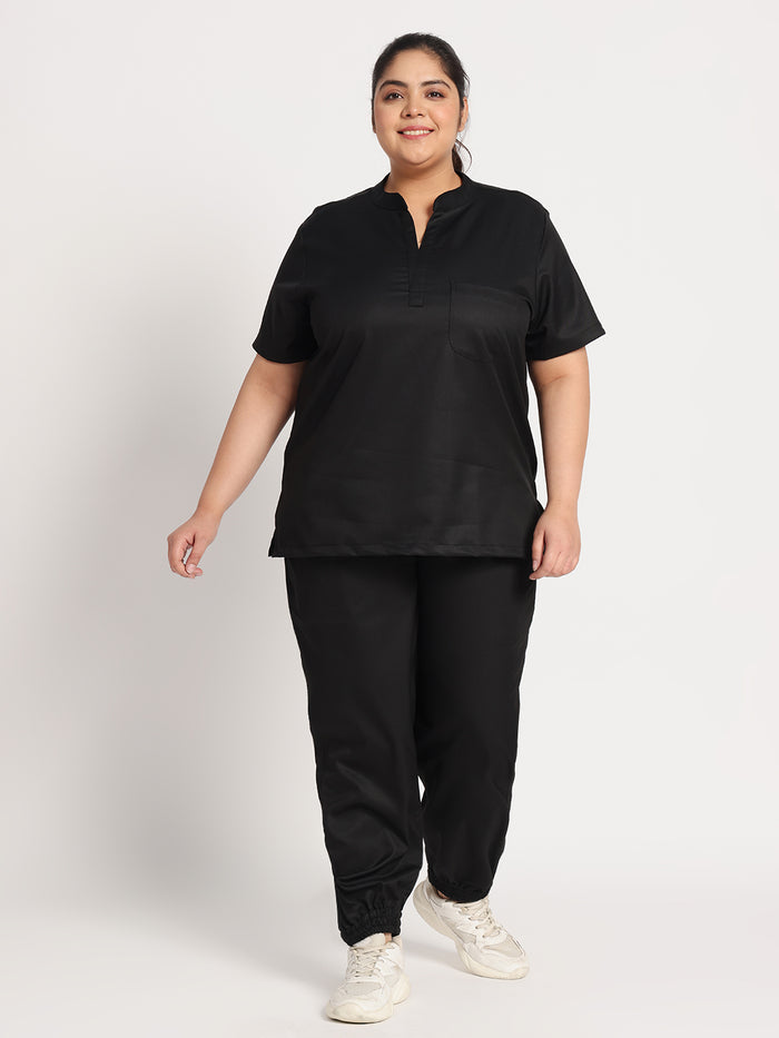 Stretchable (2Way) Women Black Mandarin Neck With Jogger Scrub Set