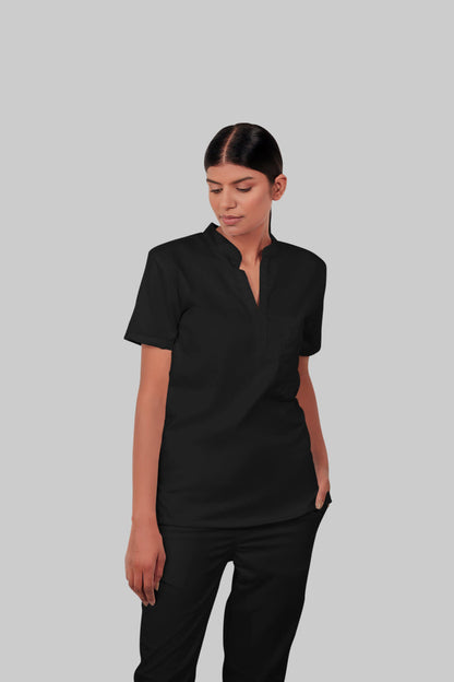 Stretchable (2Way) Women Black Mandarin Neck With Jogger Scrub Set