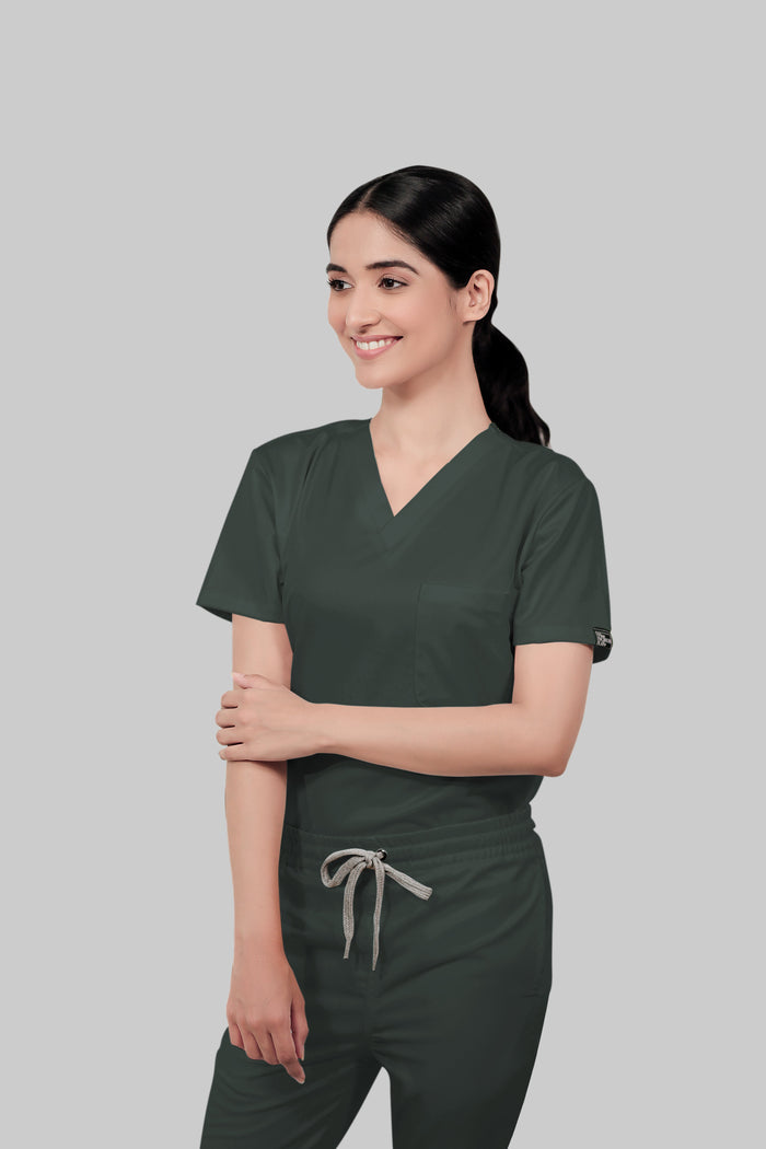 Stretchable (2Way) Women Bottle Green V-Neck With Jogger Scrub Set