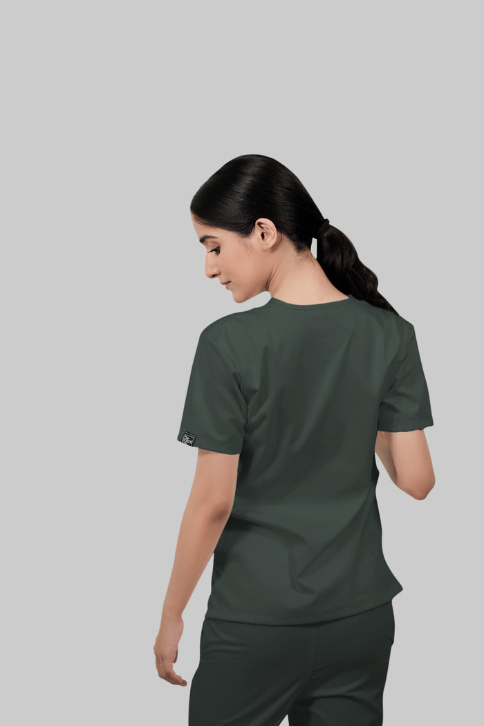 Stretchable (2Way) Women Bottle Green V-Neck With Jogger Scrub Set