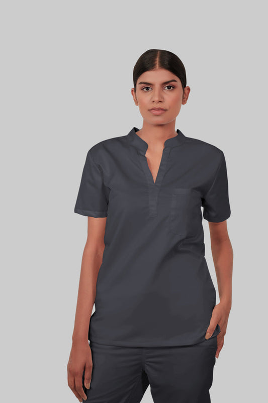 Stretchable (2Way) Women Dark Gray Mandarin Neck With Jogger Scrub Set
