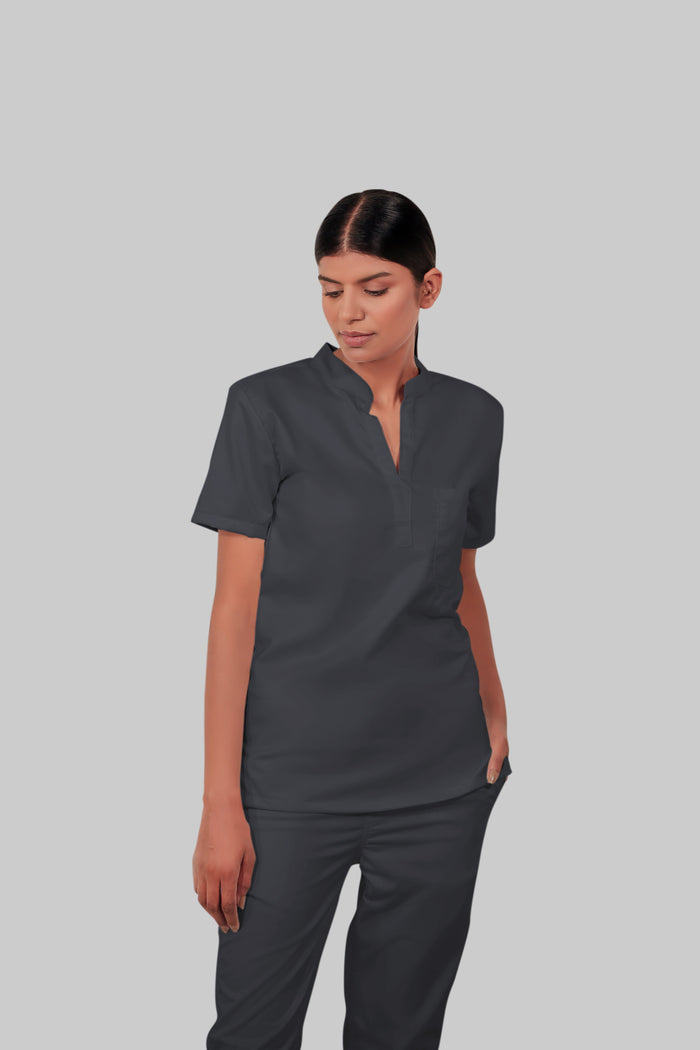 Stretchable (2Way) Women Dark Gray Mandarin Neck With Jogger Scrub Set