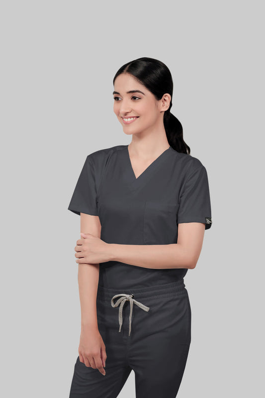 Stretchable (2Way) Women Dark Gray V-Neck With Jogger Scrub Set