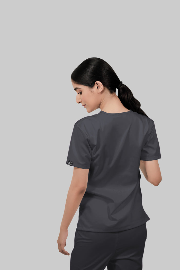 Stretchable (2Way) Women Dark Gray V-Neck With Jogger Scrub Set