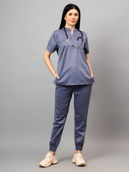 Stretchable (2Way) Women Denim Blue Texture Mandarin Neck With Jogger Scrub Set