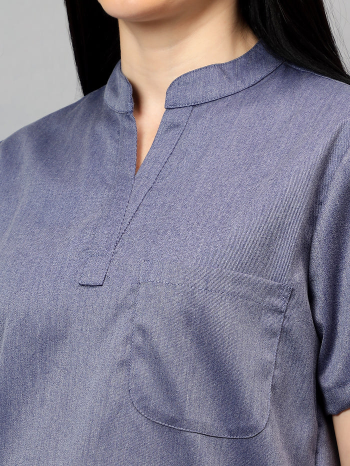 Stretchable (2Way) Women Denim Blue Texture Mandarin Neck With Jogger Scrub Set