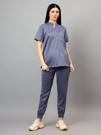 Stretchable (2Way) Women Denim Blue Texture Mandarin Neck With Jogger Scrub Set