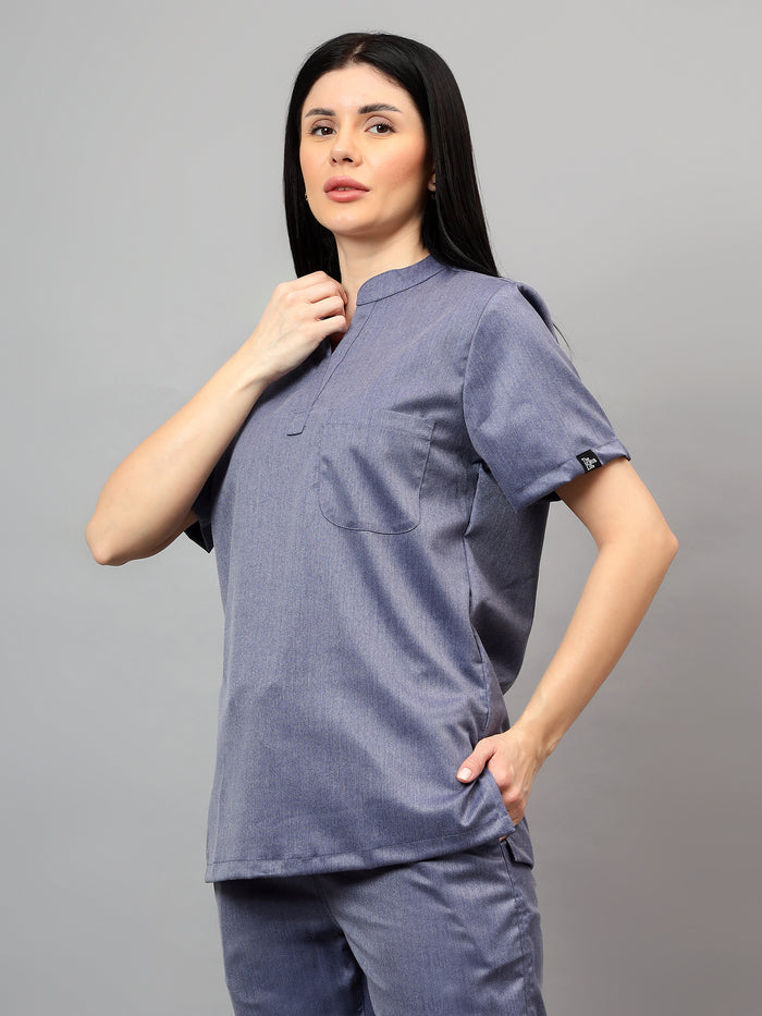 Stretchable (2Way) Women Denim Blue Texture Mandarin Neck With Jogger Scrub Set