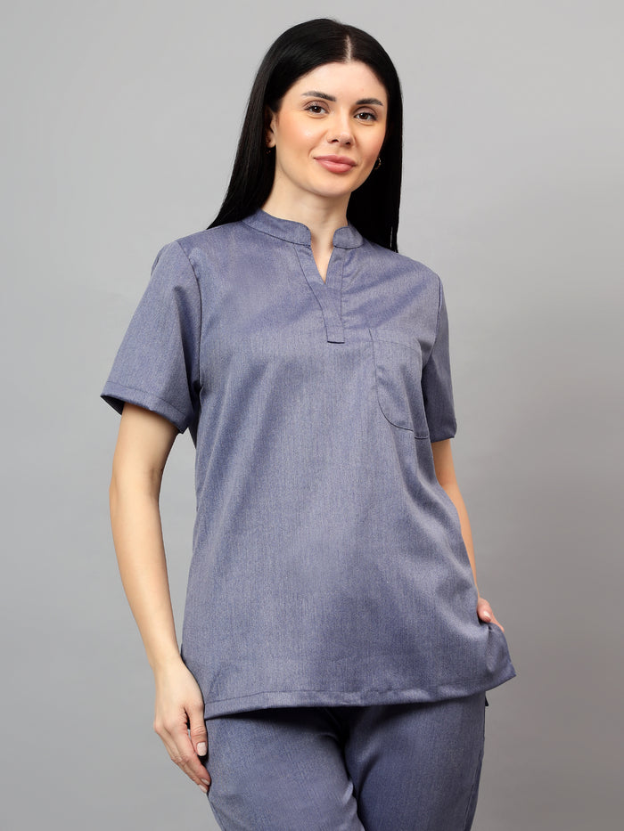 Stretchable (2Way) Women Denim Blue Texture Mandarin Neck With Jogger Scrub Set