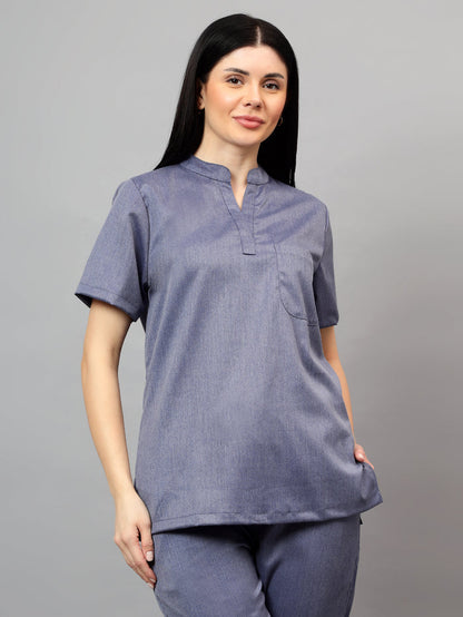 Stretchable (2Way) Women Denim Blue Texture Mandarin Neck With Jogger Scrub Set