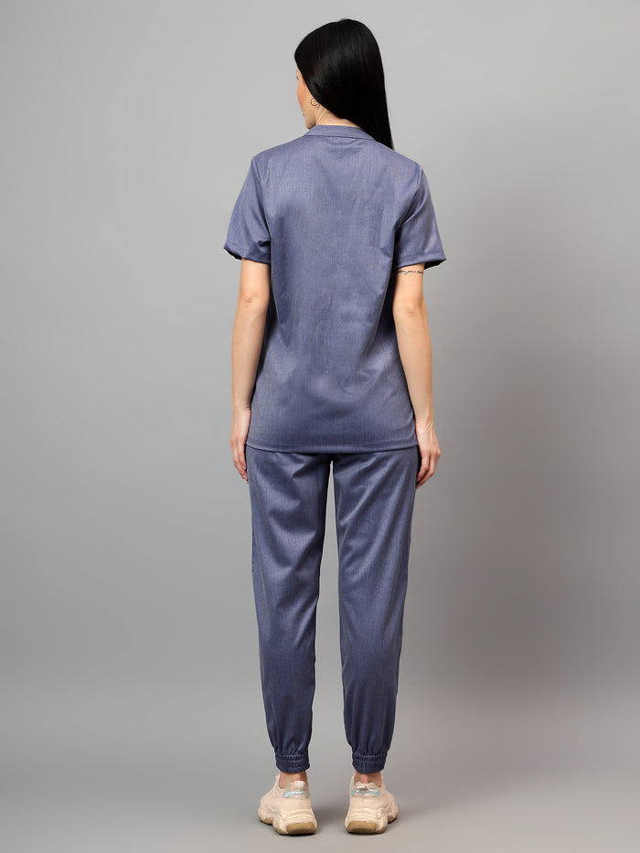 Stretchable (2Way) Women Denim Blue Texture Mandarin Neck With Jogger Scrub Set