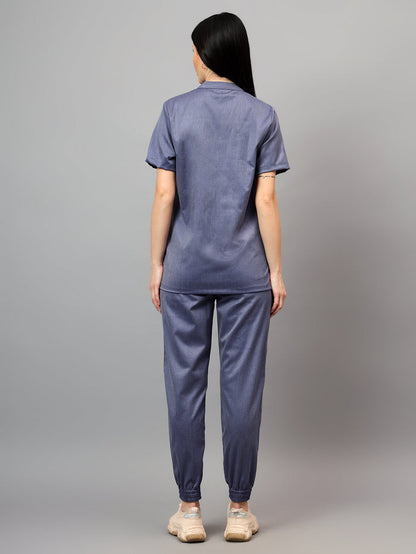 Stretchable (2Way) Women Denim Blue Texture Mandarin Neck With Jogger Scrub Set