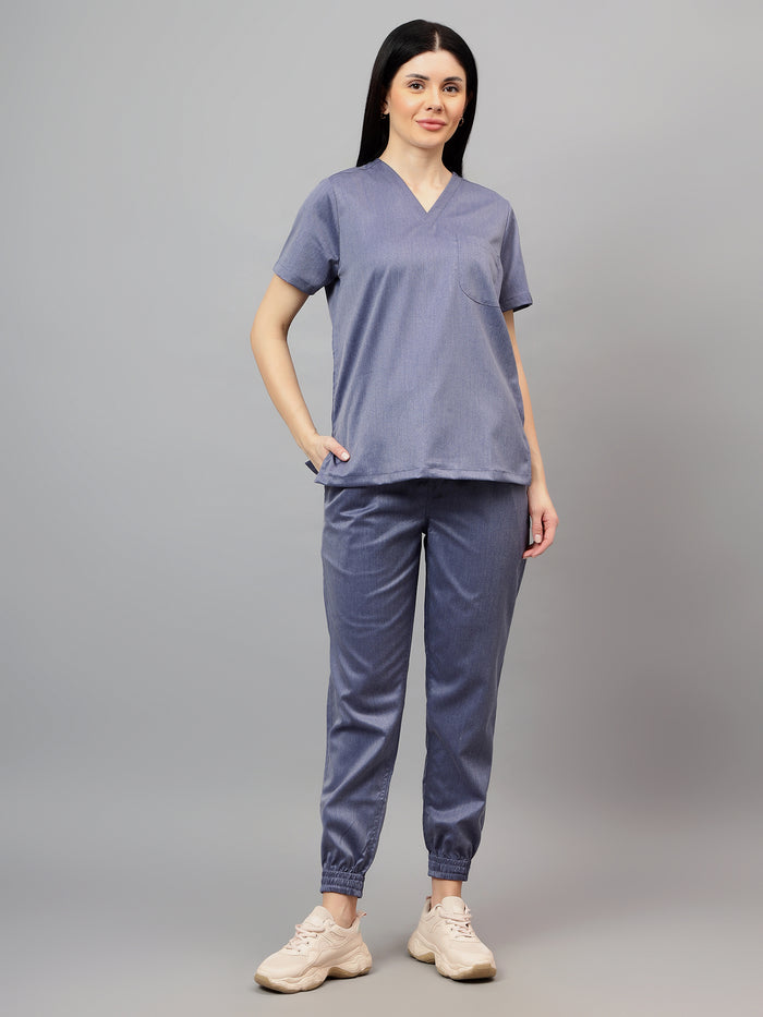 Stretchable (2Way) Women Denim Blue Texture V-Neck With Jogger Scrub Set