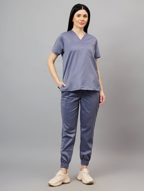 Stretchable (2Way) Women Denim Blue Texture V-Neck With Jogger Scrub Set