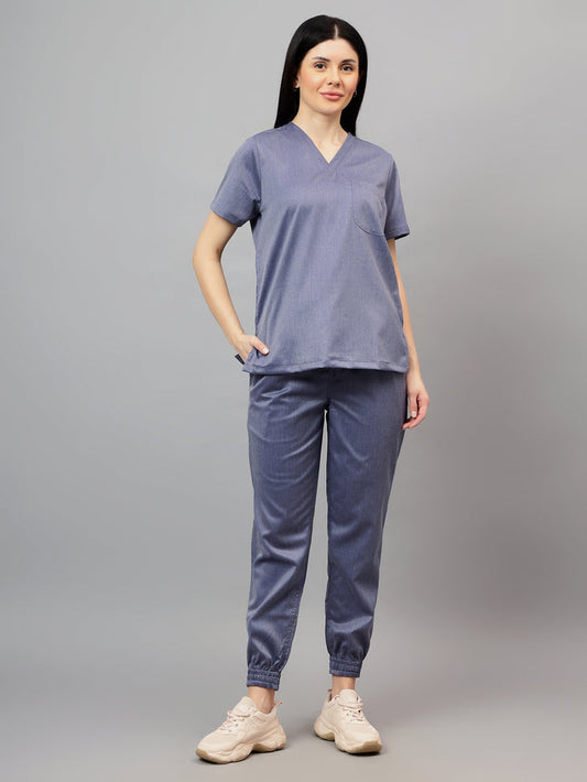 Stretchable (2Way) Women Denim Blue Texture V-Neck With Jogger Scrub Set