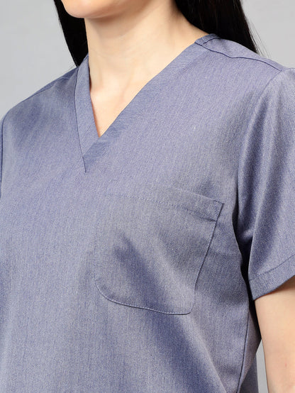 Stretchable (2Way) Women Denim Blue Texture V-Neck With Jogger Scrub Set
