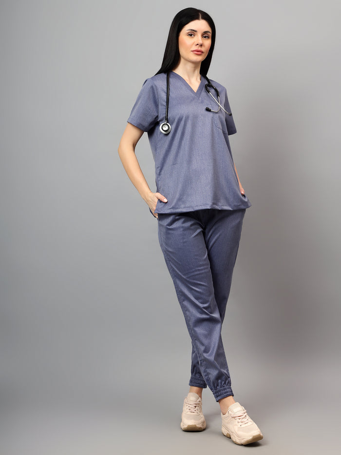 Stretchable (2Way) Women Denim Blue Texture V-Neck With Jogger Scrub Set