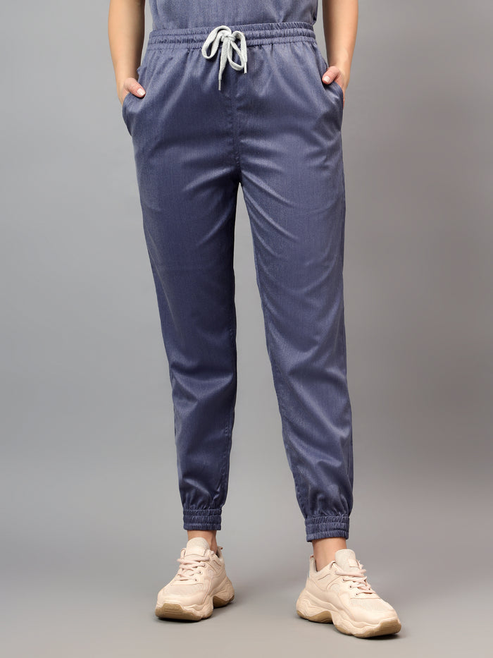Stretchable (2Way) Women Denim Blue Texture V-Neck With Jogger Scrub Set