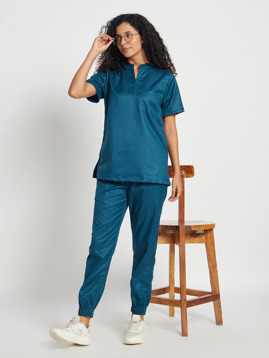 Stretchable (2Way) Women Forest Green Mandarin Neck With Jogger Scrub Set