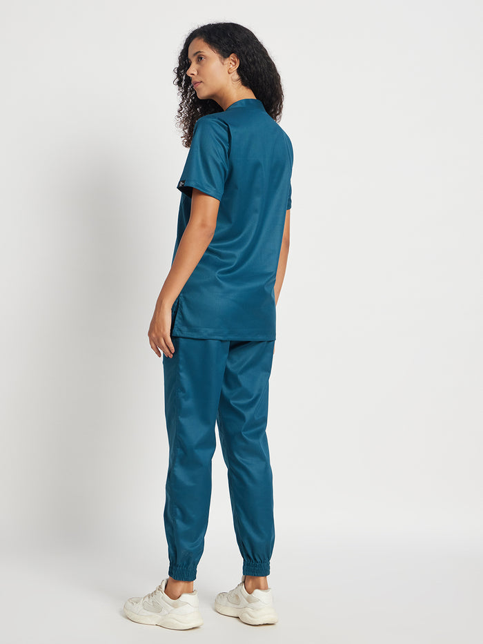 Stretchable (2Way) Women Forest Green Mandarin Neck With Jogger Scrub Set