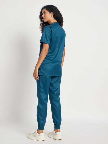 Stretchable (2Way) Women Forest Green Mandarin Neck With Jogger Scrub Set