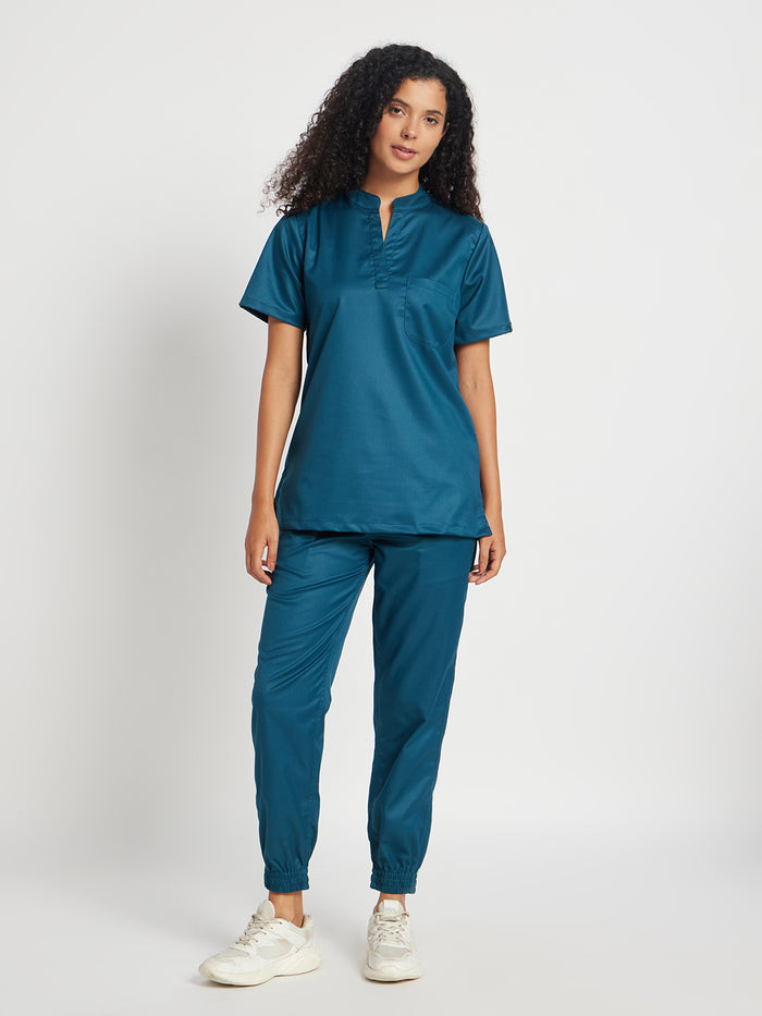 Stretchable (2Way) Women Forest Green Mandarin Neck With Jogger Scrub Set