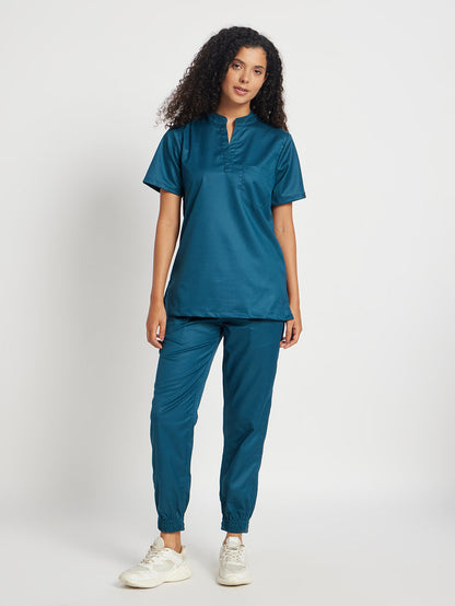 Stretchable (2Way) Women Forest Green Mandarin Neck With Jogger Scrub Set