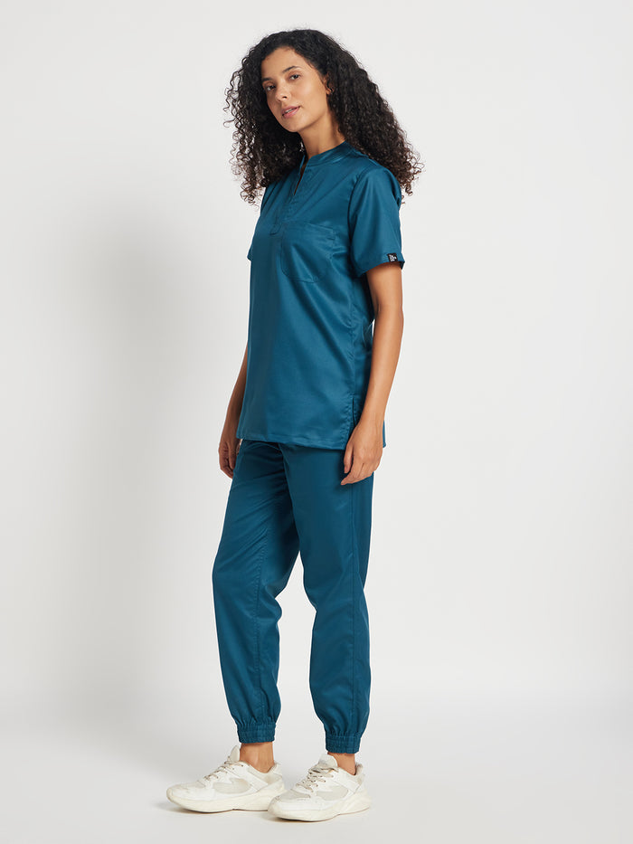 Stretchable (2Way) Women Forest Green Mandarin Neck With Jogger Scrub Set