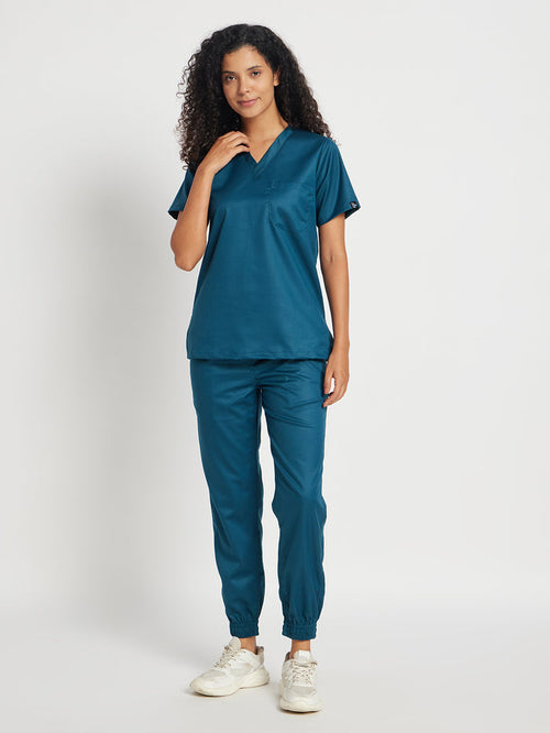Stretchable (2Way) Women Forest Green V-Neck With Jogger Scrub Set