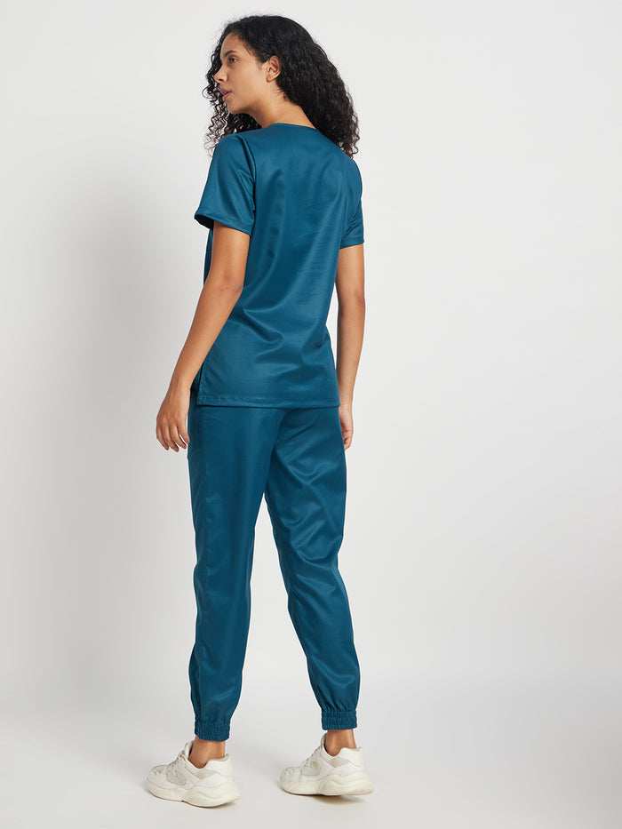 Stretchable (2Way) Women Forest Green V-Neck With Jogger Scrub Set