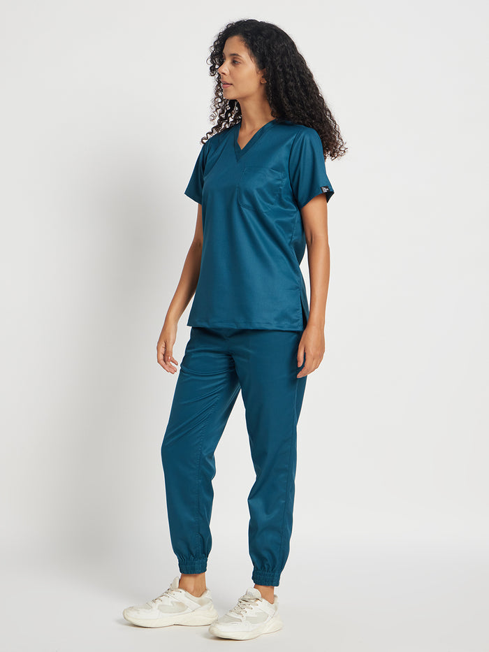 Stretchable (2Way) Women Forest Green V-Neck With Jogger Scrub Set