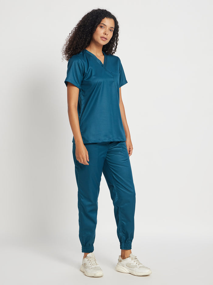 Stretchable (2Way) Women Forest Green V-Neck With Jogger Scrub Set