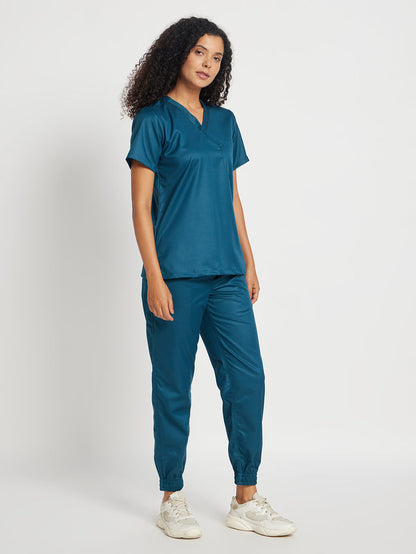 Stretchable (2Way) Women Forest Green V-Neck With Jogger Scrub Set
