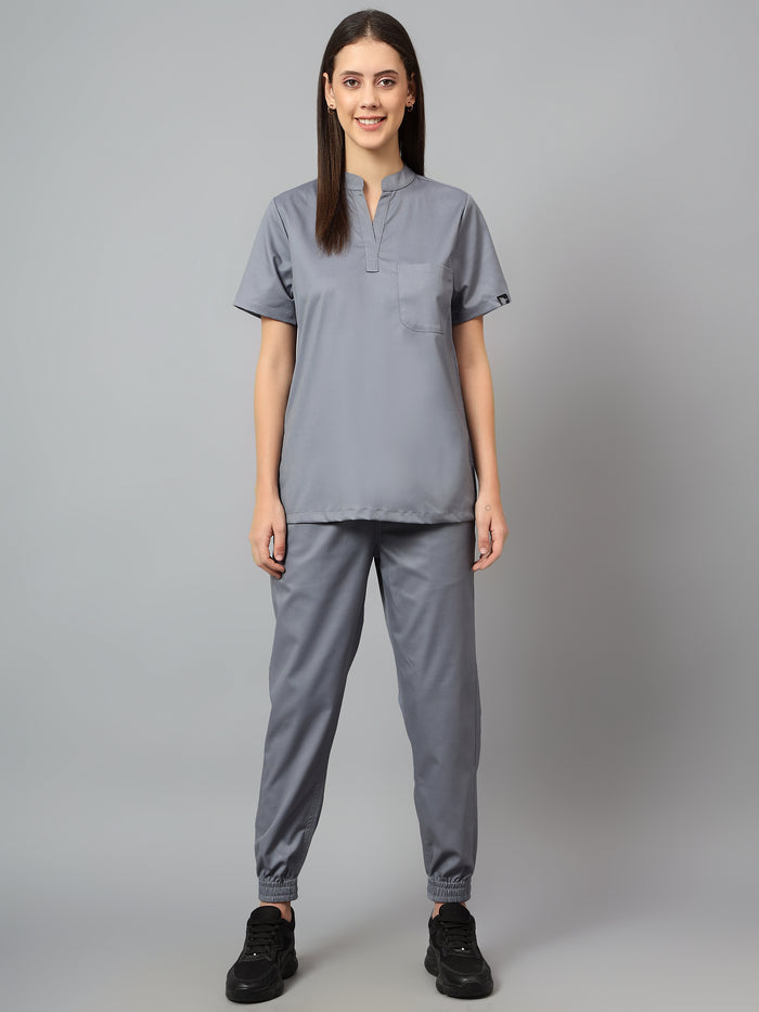 Stretchable (2Way) Women Graphite Mandarin Neck With Jogger Scrub Set