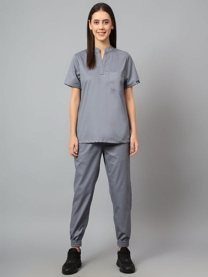 Stretchable (2Way) Women Graphite Mandarin Neck With Jogger Scrub Set