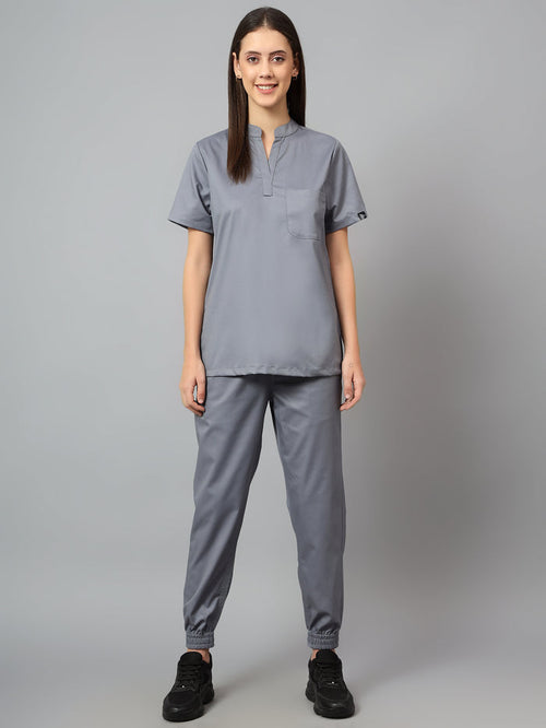 Stretchable (2Way) Women Graphite Mandarin Neck With Jogger Scrub Set