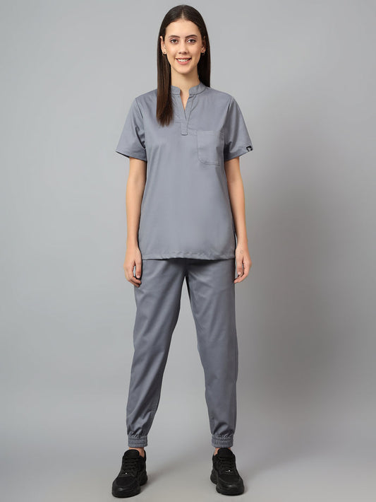 Stretchable (2Way) Women Graphite Mandarin Neck With Jogger Scrub Set