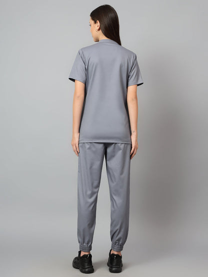 Stretchable (2Way) Women Graphite Mandarin Neck With Jogger Scrub Set