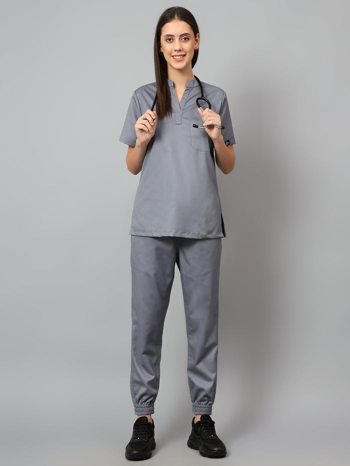 Stretchable (2Way) Women Graphite Mandarin Neck With Jogger Scrub Set