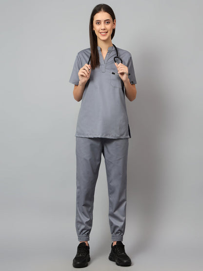 Stretchable (2Way) Women Graphite Mandarin Neck With Jogger Scrub Set