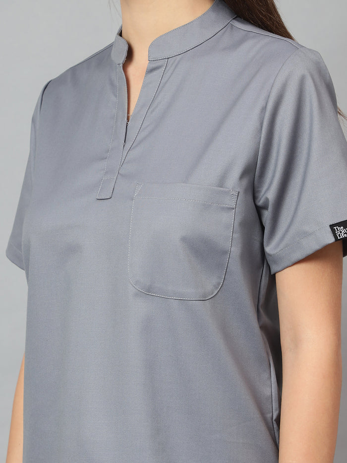 Stretchable (2Way) Women Graphite Mandarin Neck With Jogger Scrub Set