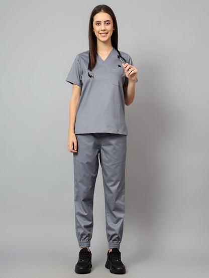 Stretchable (2Way) Women Graphite V-Neck With Jogger Scrub Set