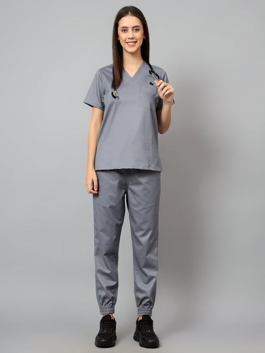 Stretchable (2Way) Women Graphite V-Neck With Jogger Scrub Set