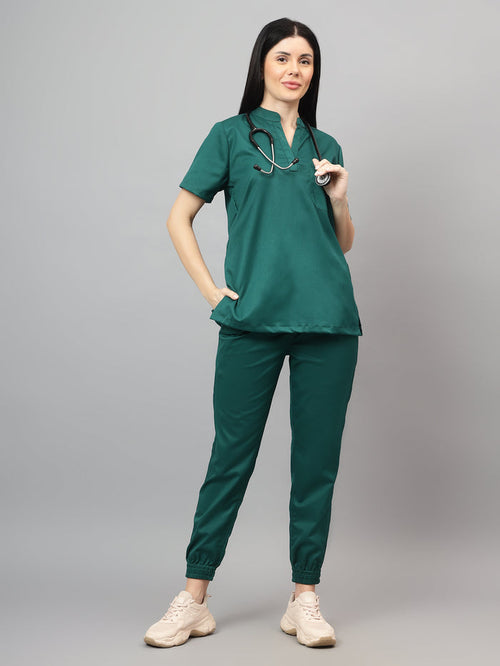 Stretchable (2Way) Women Hunter Green Mandarin Neck With Jogger Scrub Set