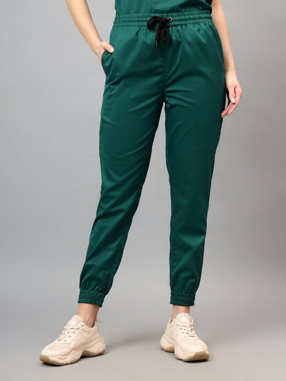 Stretchable (2Way) Women Hunter Green Mandarin Neck With Jogger Scrub Set