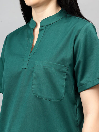 Stretchable (2Way) Women Hunter Green Mandarin Neck With Jogger Scrub Set