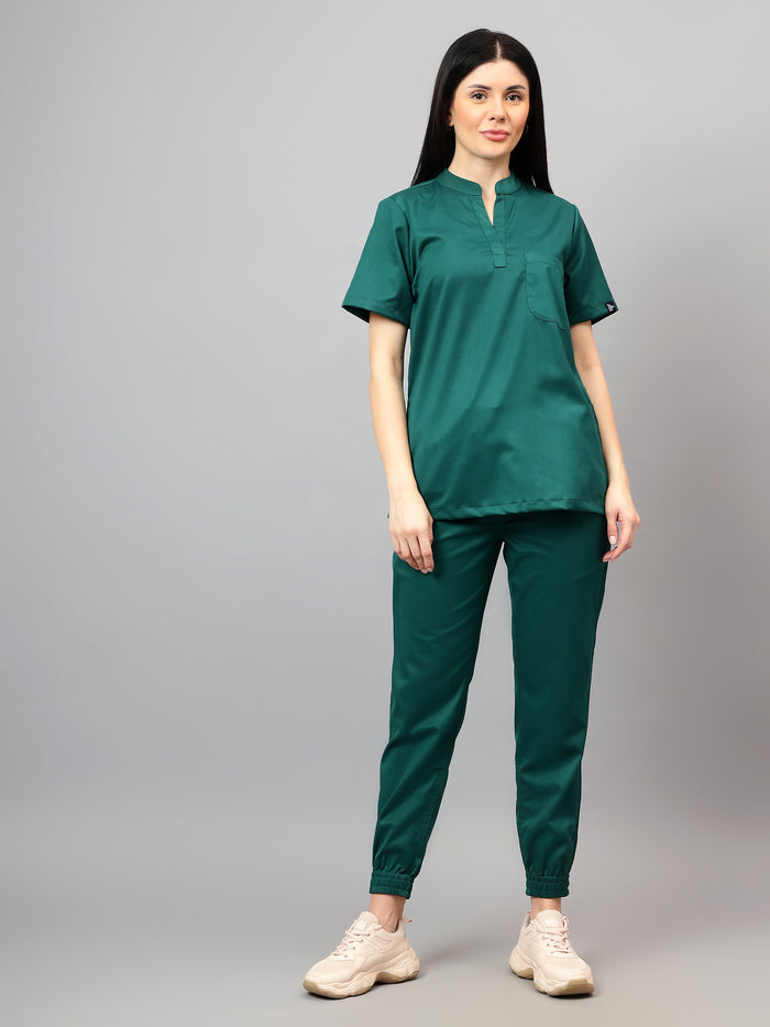 Stretchable (2Way) Women Hunter Green Mandarin Neck With Jogger Scrub Set