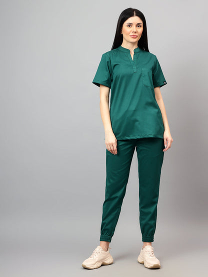Stretchable (2Way) Women Hunter Green Mandarin Neck With Jogger Scrub Set