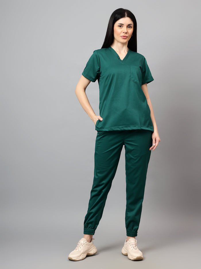 Stretchable (2Way) Women Hunter Green V-Neck With Jogger Scrub Set