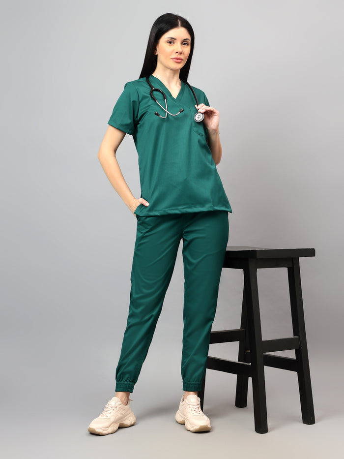 Stretchable (2Way) Women Hunter Green V-Neck With Jogger Scrub Set